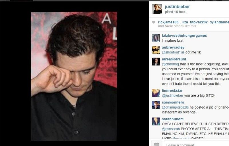 Justin zverejnil na Instagrame "plačúceho" Orlanda Blooma